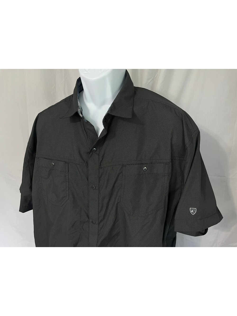 KUHL Men's Gray on Gray Check Short Sleeve Wicking Hiking Shirt XXL 2XL